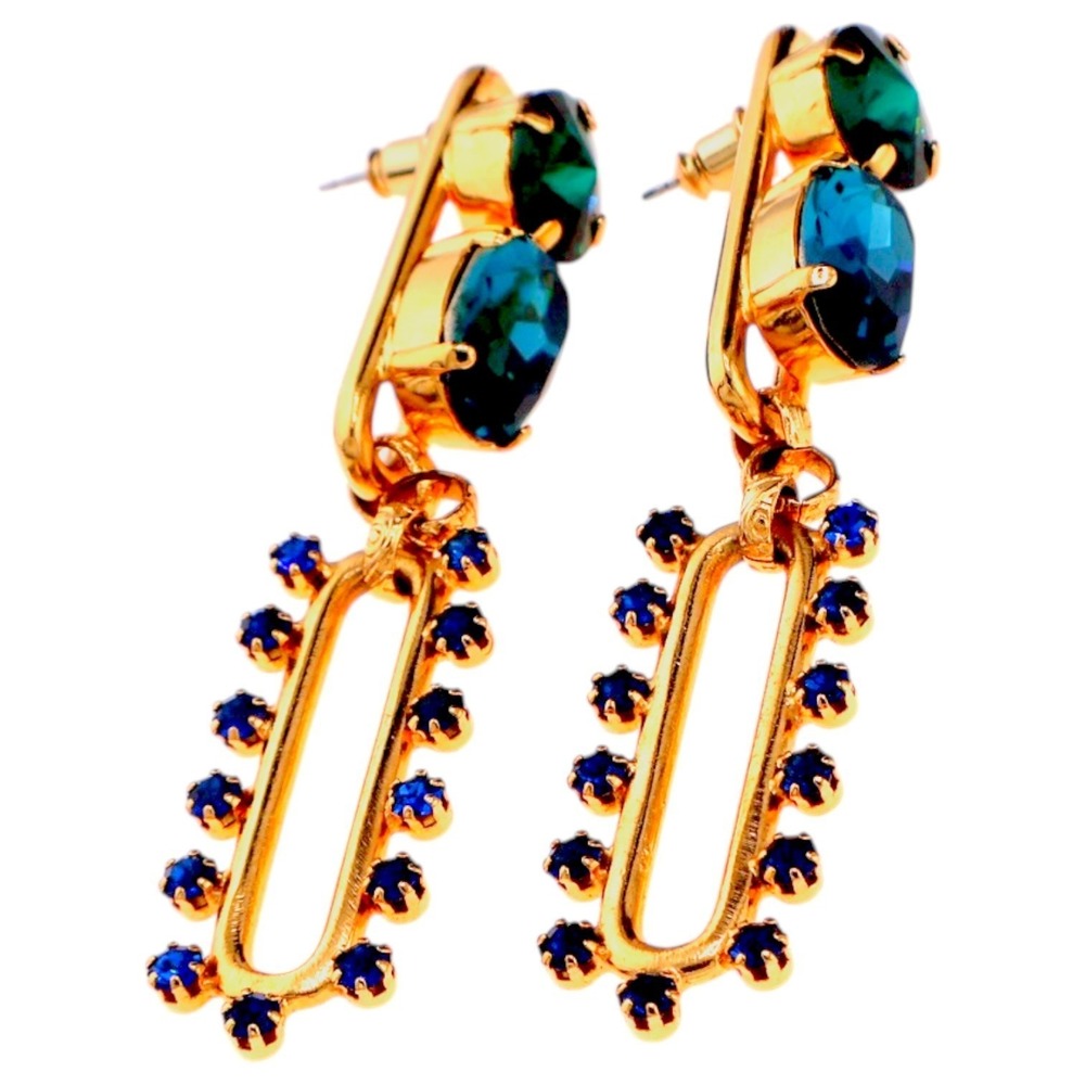 Elizabeth Cole Cassidy Crystal Drop Earrings Blue Green Gold Statement - Picture 2 of 3